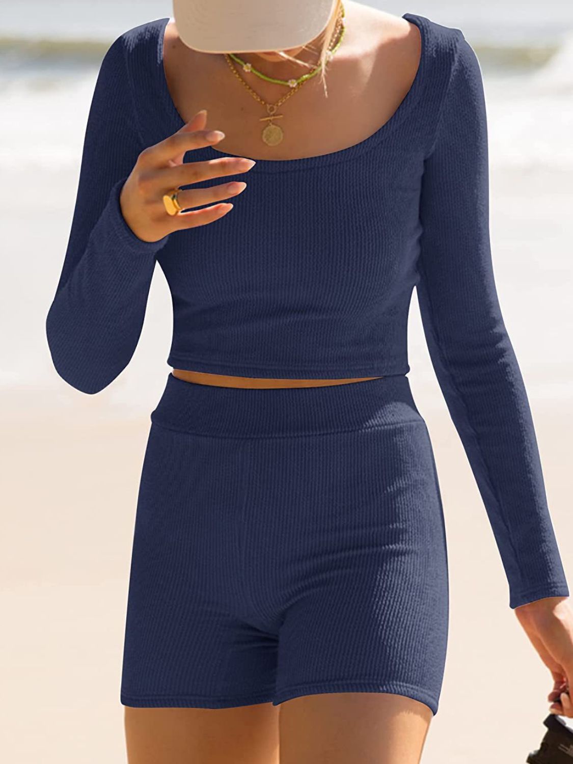 Scoop Neck Long Sleeve Top and Shorts Set - The Goddess Galleries