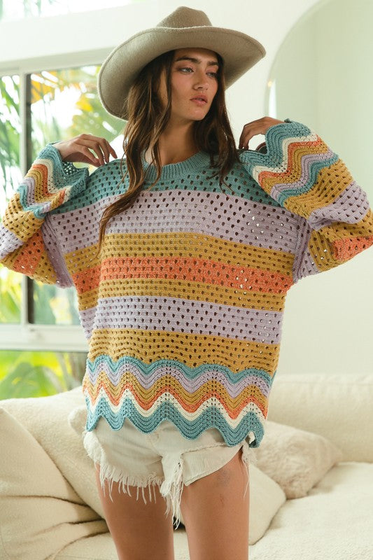 BiBi Wavy Hem Openwork Contrast Round Neck Sweater - The Goddess Galleries