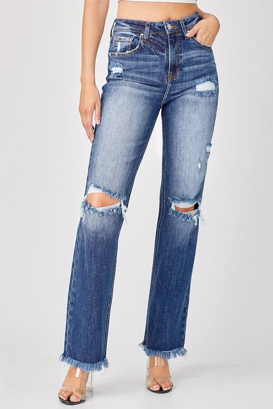 Risen Full Size Raw Hem Distressed Straight Jeans - The Goddess Galleries