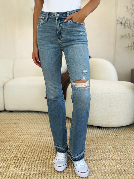 Judy Blue Full Size Mid Rise Destroyed Hem Distressed Jeans - The Goddess Galleries