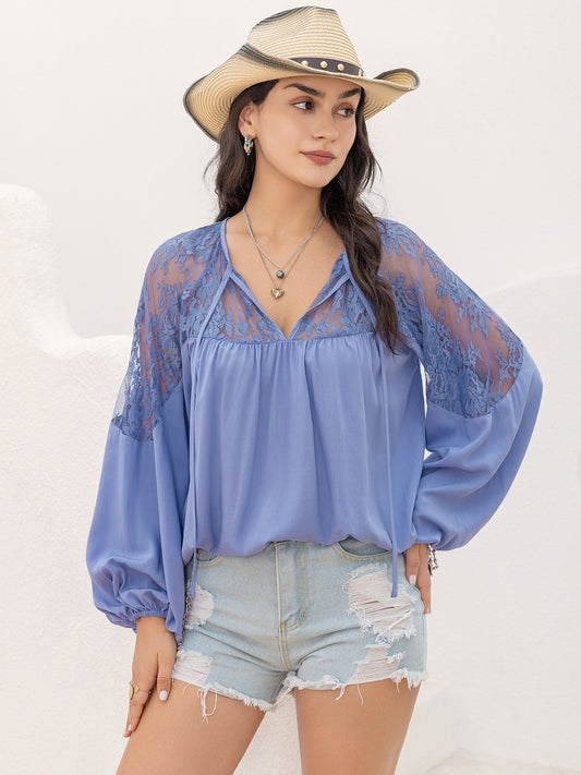 Lace Detail Tie Neck Balloon Sleeve Blouse - The Goddess Galleries