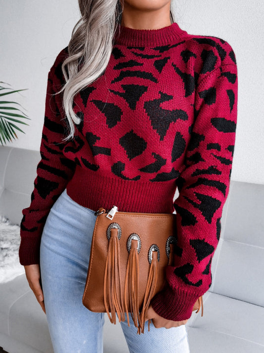 Leopard Round Neck Dropped Shoulder Sweater - The Goddess Galleries