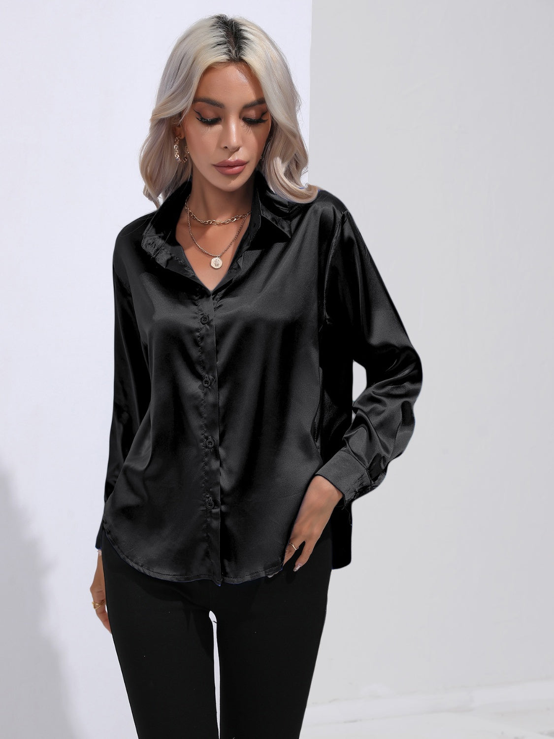 Collared Neck Buttoned Long Sleeve Shirt - The Goddess Galleries