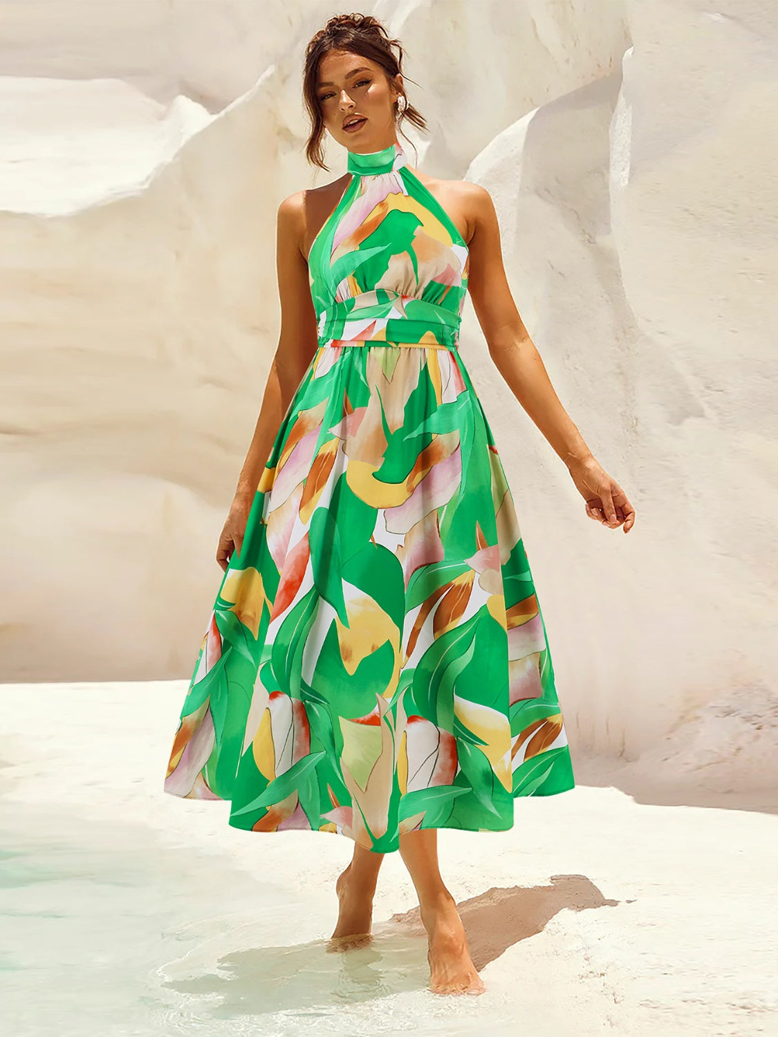 Ruched Printed Halter Neck Dress - The Goddess Galleries
