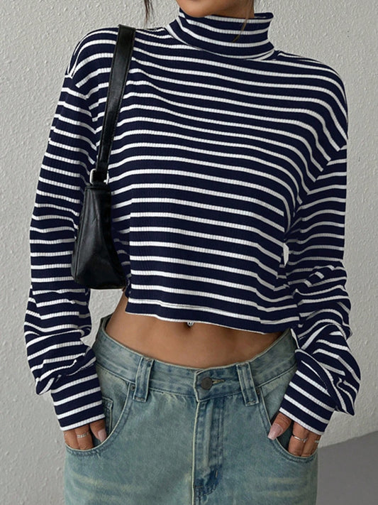 Striped Turtleneck Long Sleeve T-Shirt - The Goddess Galleries