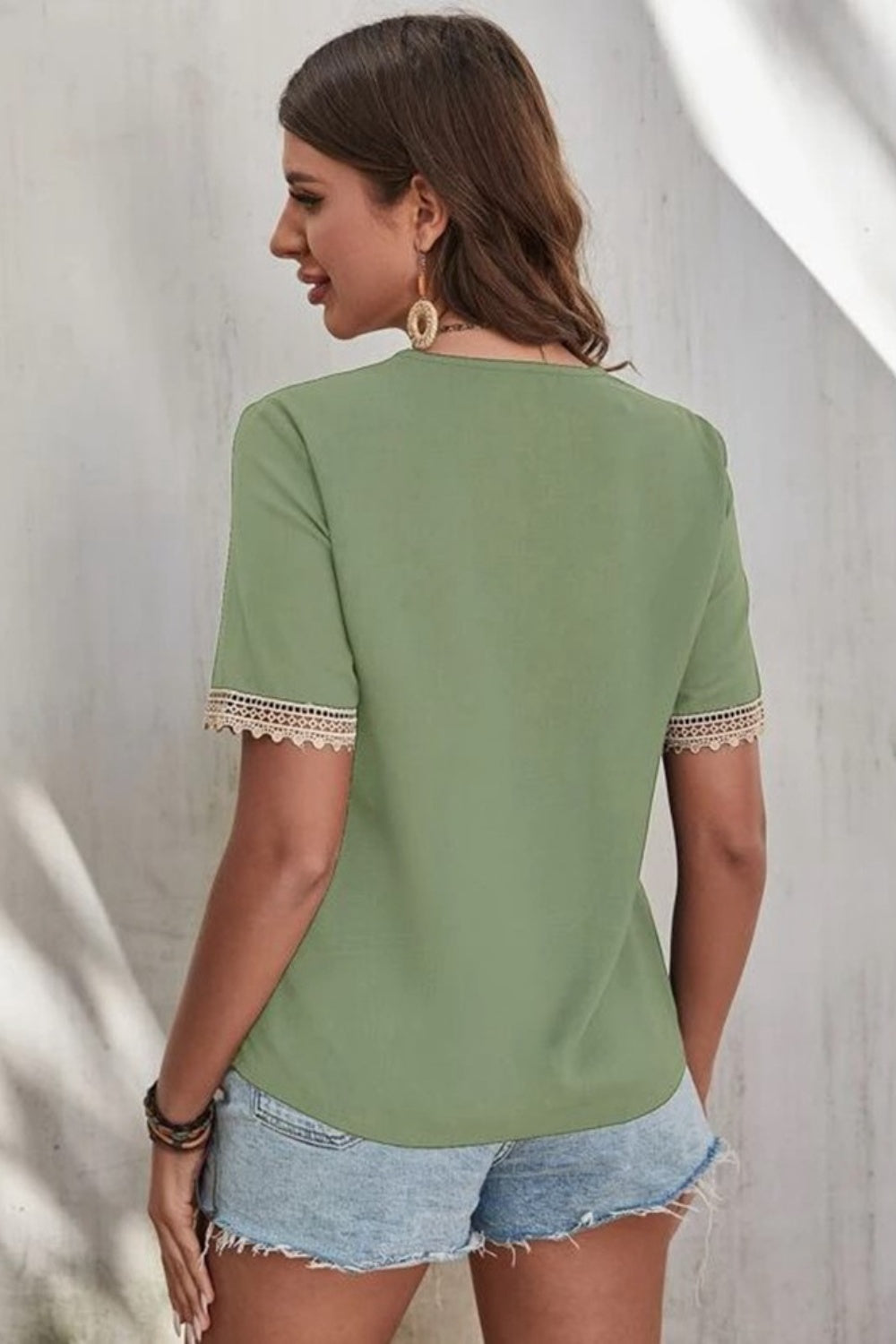 Full Size Lace Detail V-Neck Short Sleeve Blouse - The Goddess Galleries