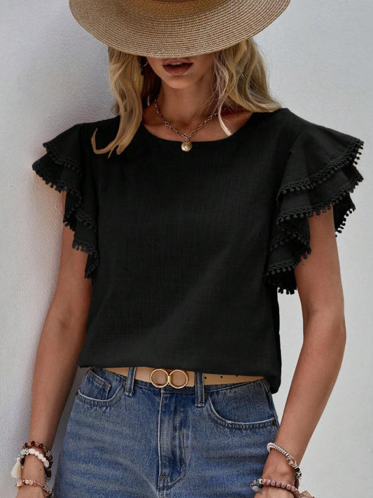 Ruffled Cap Sleeve Round Neck Blouse - The Goddess Galleries