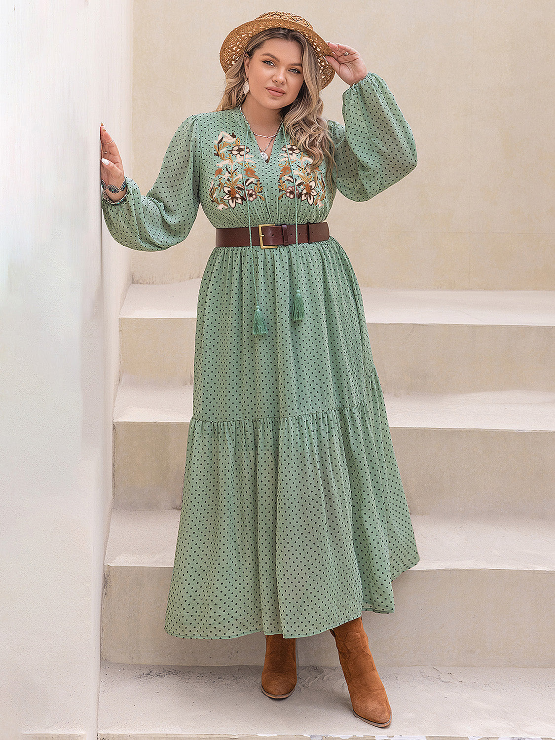Plus Size Tassel Printed Tie Neck Long Sleeve Midi Dress - The Goddess Galleries