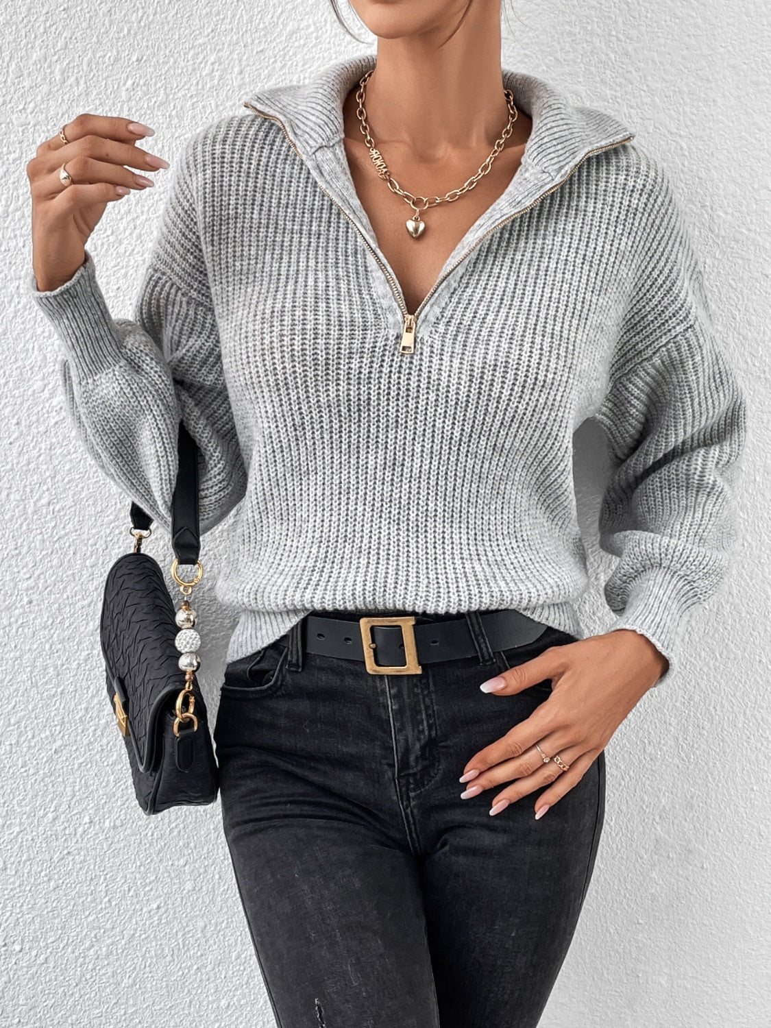 Honey Half Zip Dropped Shoulder Sweater - The Goddess Galleries