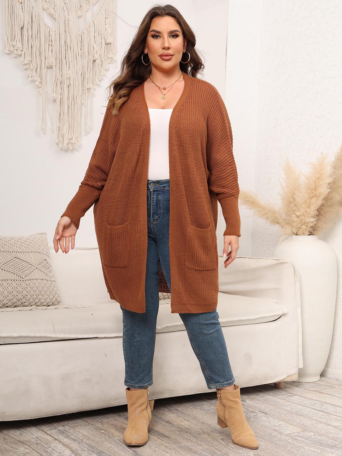 Plus Size Open Front Cardigan With Pockets - The Goddess Galleries