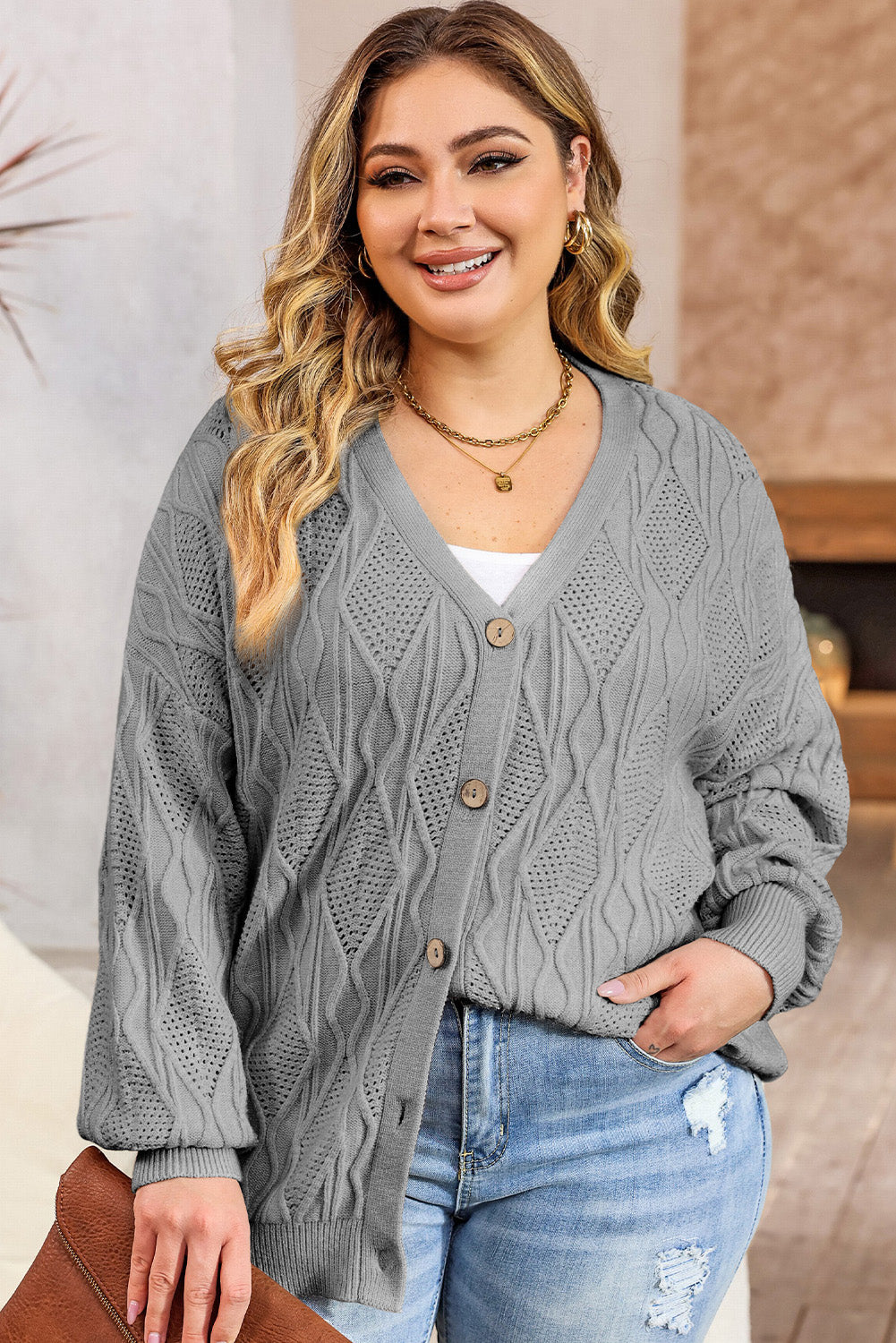 Plus Size Cable-Knit Button Up Sweater - The Goddess Galleries