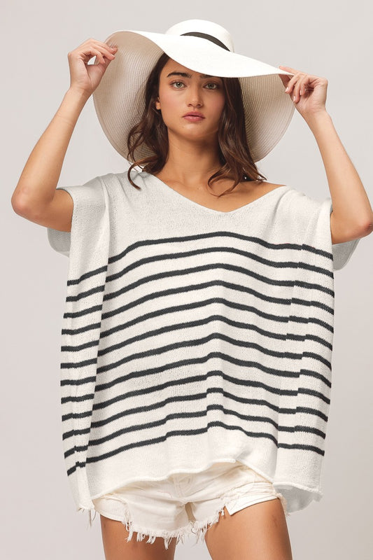 BiBi V Neck Striped Short Sleeve Top - The Goddess Galleries