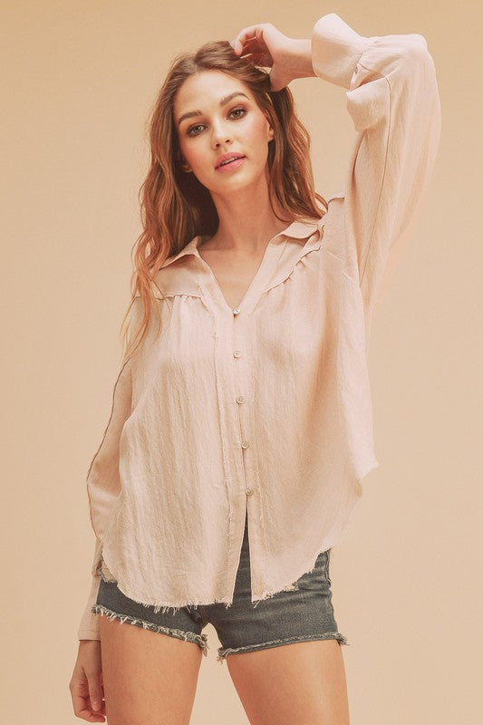 Aemi + Co Raw Hem Button Down Raglan Sleeve Shirt - The Goddess Galleries