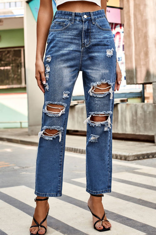 Distressed High Waist Straight Jeans - The Goddess Galleries