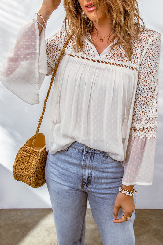 Eyelet Tassel Tie Flare Sleeve Blouse - The Goddess Galleries