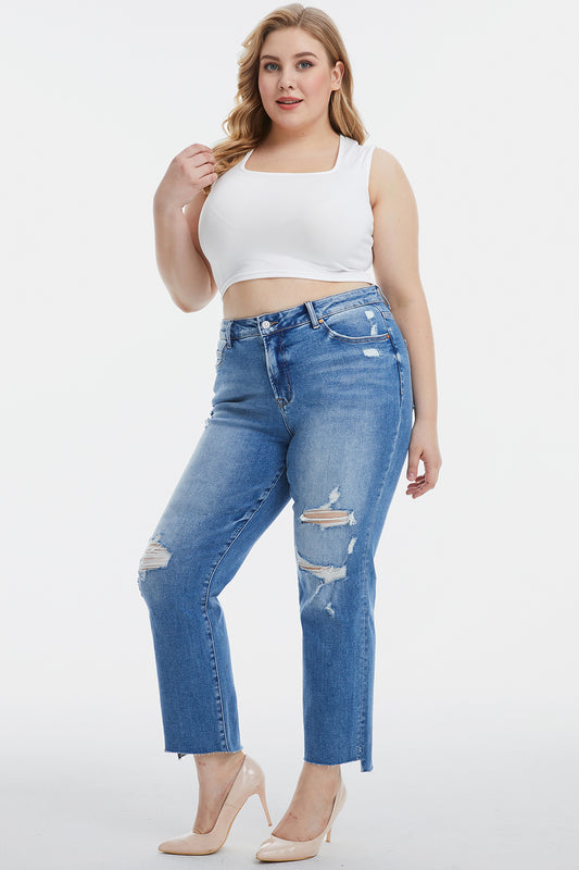 BAYEAS Full Size Mid Waist Distressed Ripped Straight Jeans - The Goddess Galleries