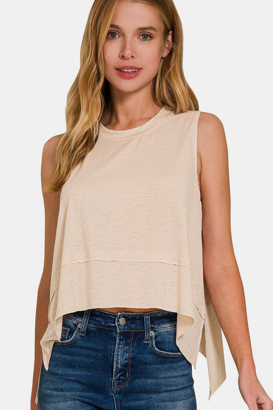 Zenana Exposed Seam Slit Round Neck Tank - The Goddess Galleries