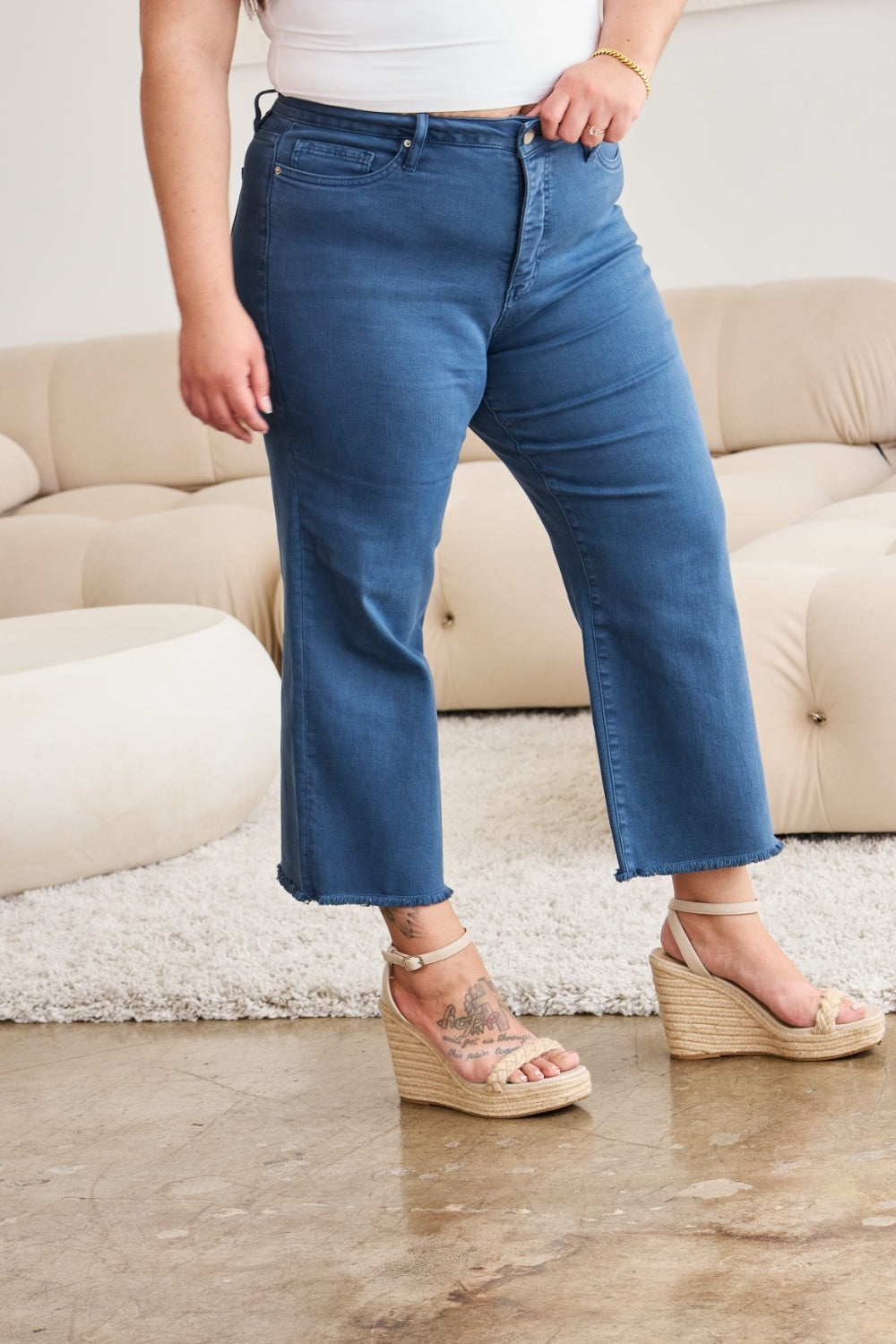 RFM Crop Chloe Full Size Tummy Control High Waist Raw Hem Jeans - The Goddess Galleries