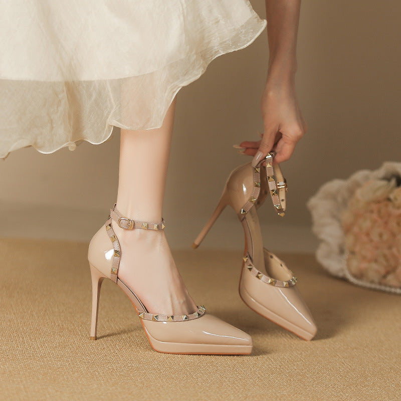 Rivet Decor Ankle Strap Stiletto Pumps - The Goddess Galleries