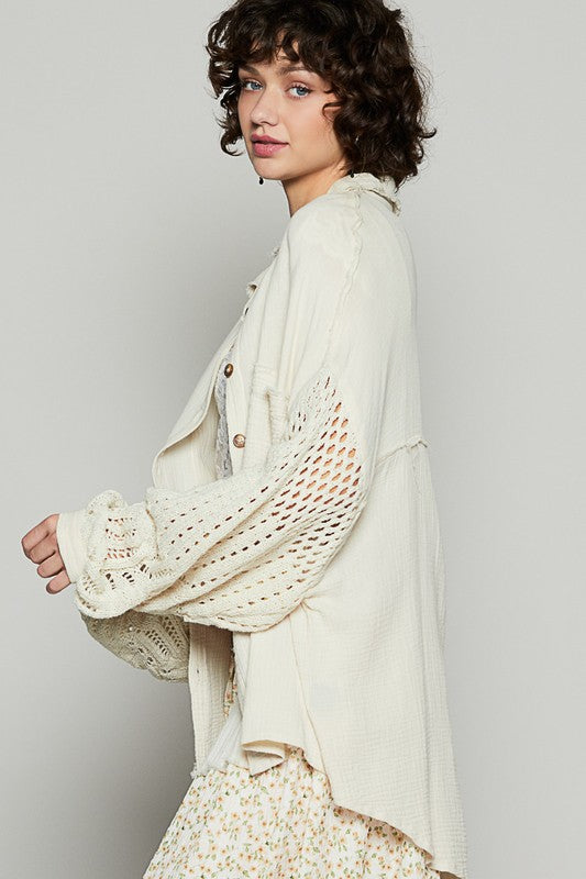 POL Openwork Lantern Sleeve Button Down Gauze Shirt - The Goddess Galleries