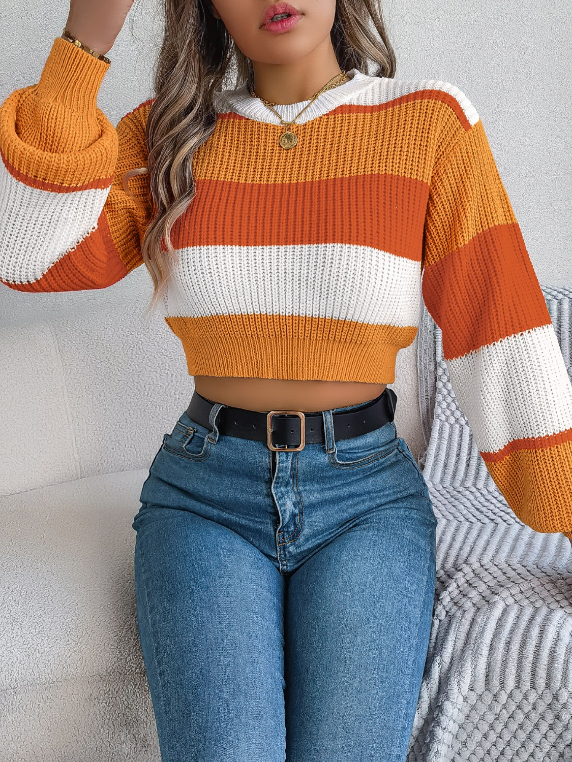 Color Block Round Neck Cropped Sweater - The Goddess Galleries