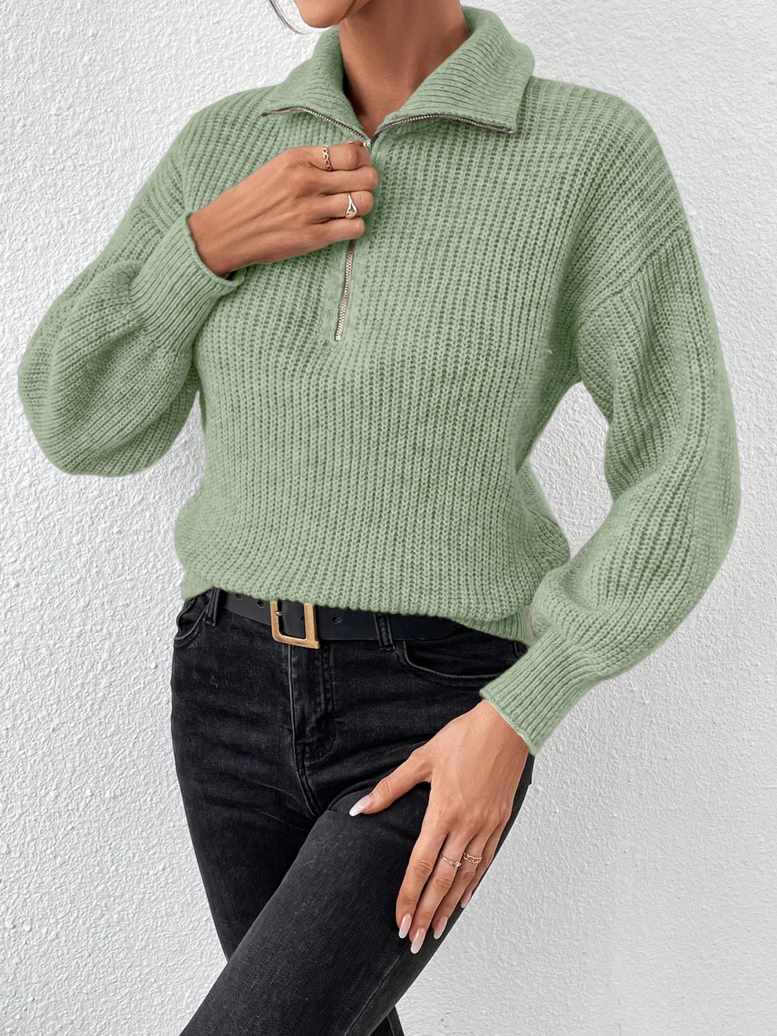 Honey Half Zip Dropped Shoulder Sweater - The Goddess Galleries