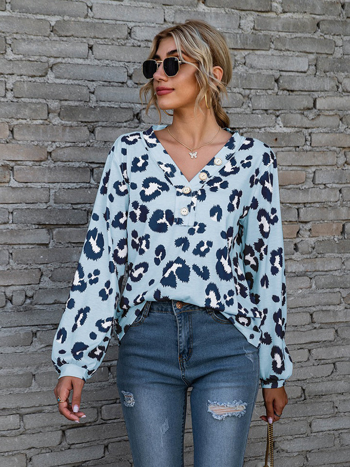 Leopard V-Neck Decorative Button Long Sleeve Blouse - The Goddess Galleries