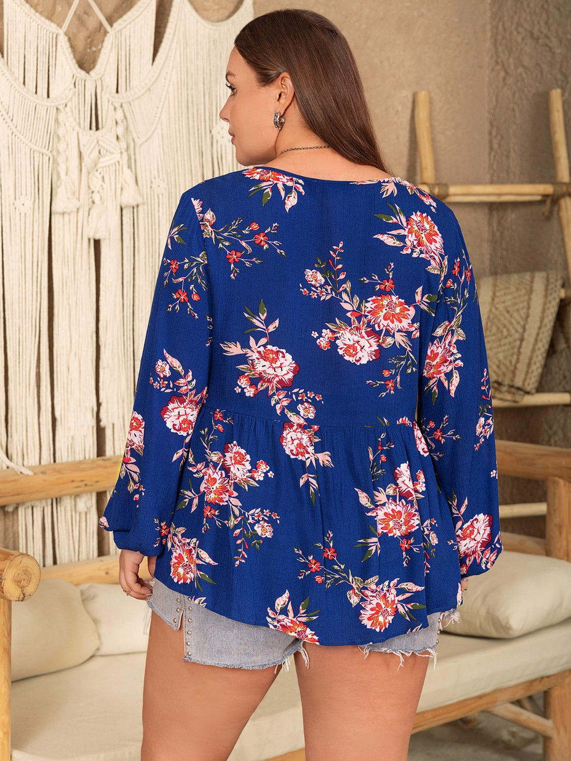 Plus Size Printed Tie Neck Balloon Sleeve Blouse - The Goddess Galleries