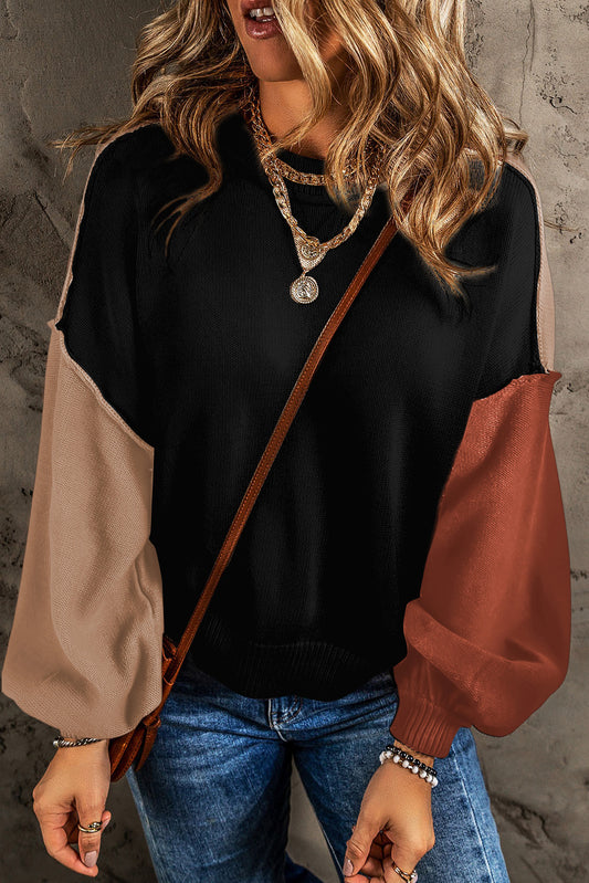 Contrast Round Neck Dropped Shoulder Sweater - The Goddess Galleries