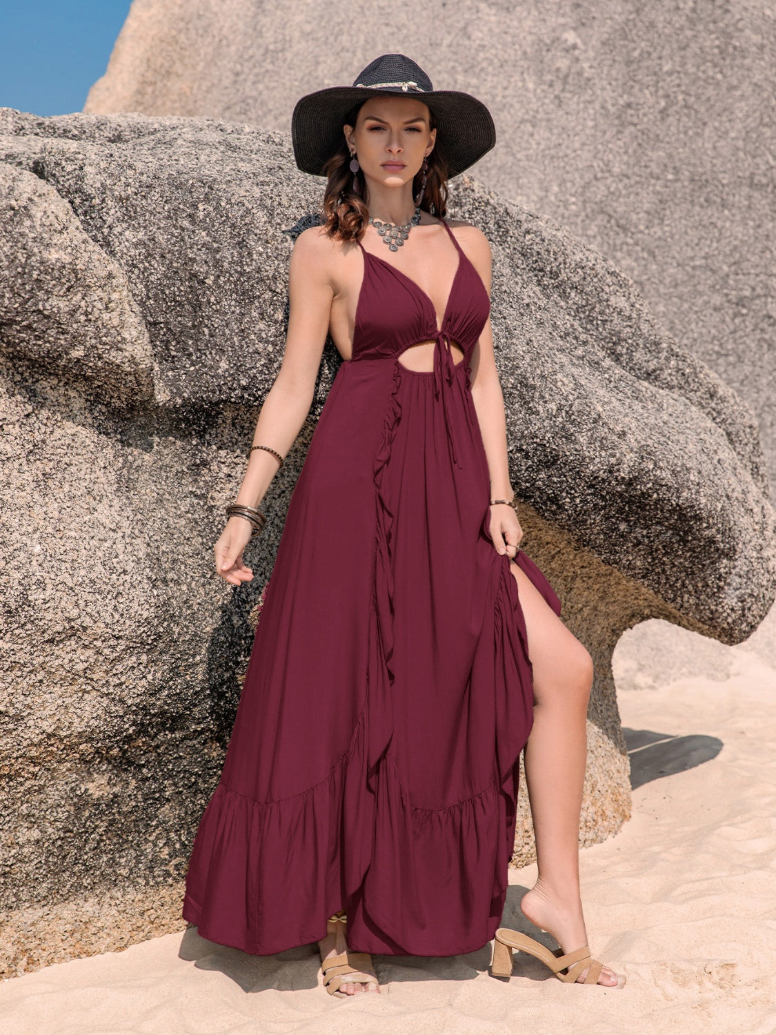 Crisscross Back Drawstring Ruffle Trim Maxi Dress - The Goddess Galleries