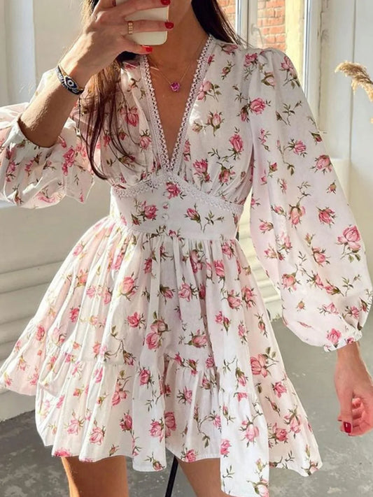 Lace Detail V-Neck Balloon Sleeve Dress - The Goddess Galleries