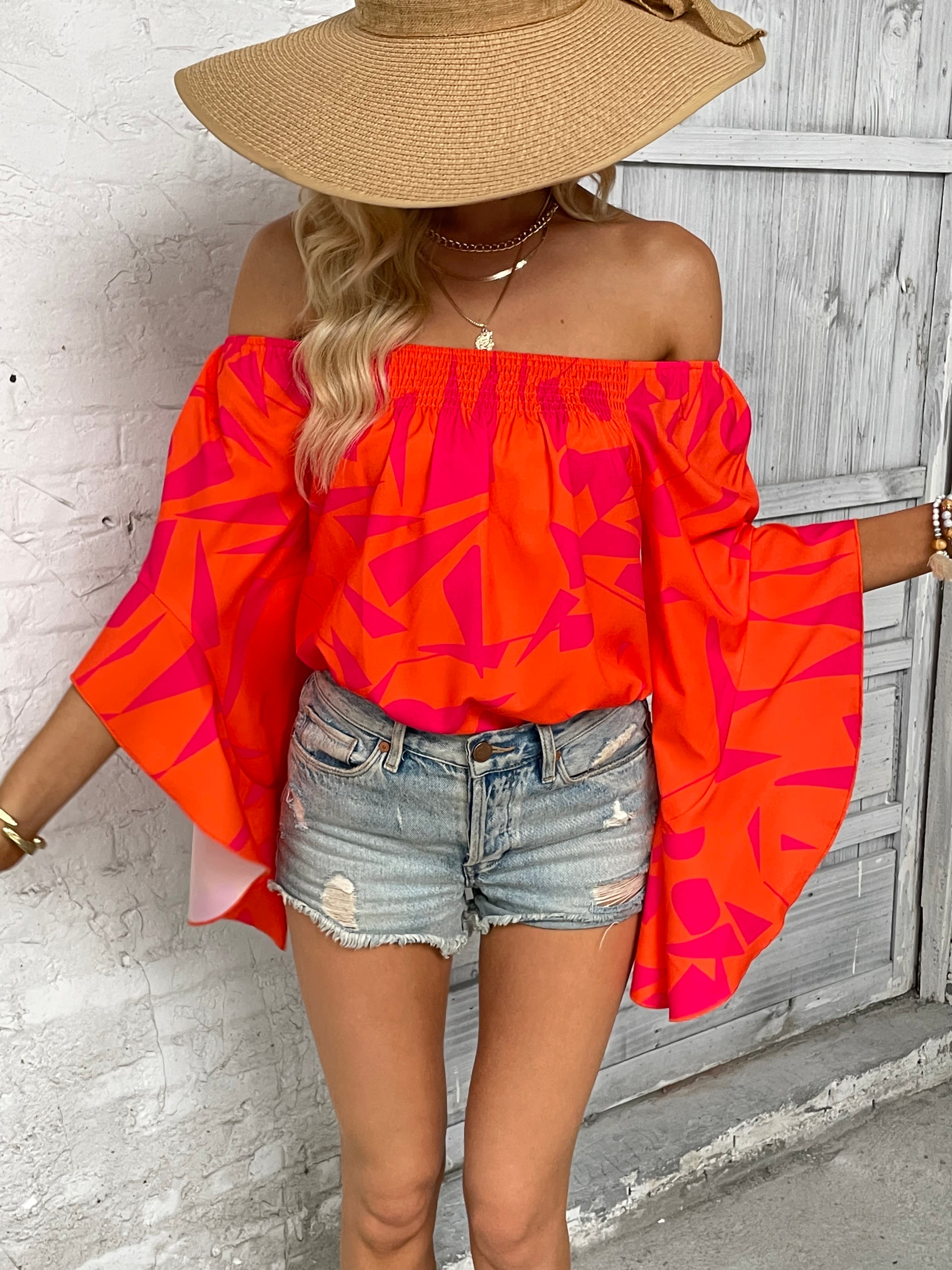 Printed Off-Shoulder Bell Sleeve Blouse - The Goddess Galleries