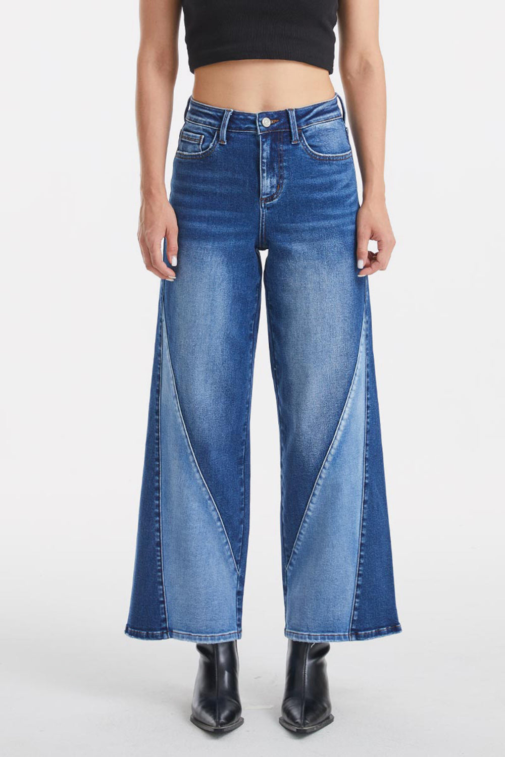 BAYEAS Full Size High Waist Two-Tones Patched Wide Leg Jeans - The Goddess Galleries
