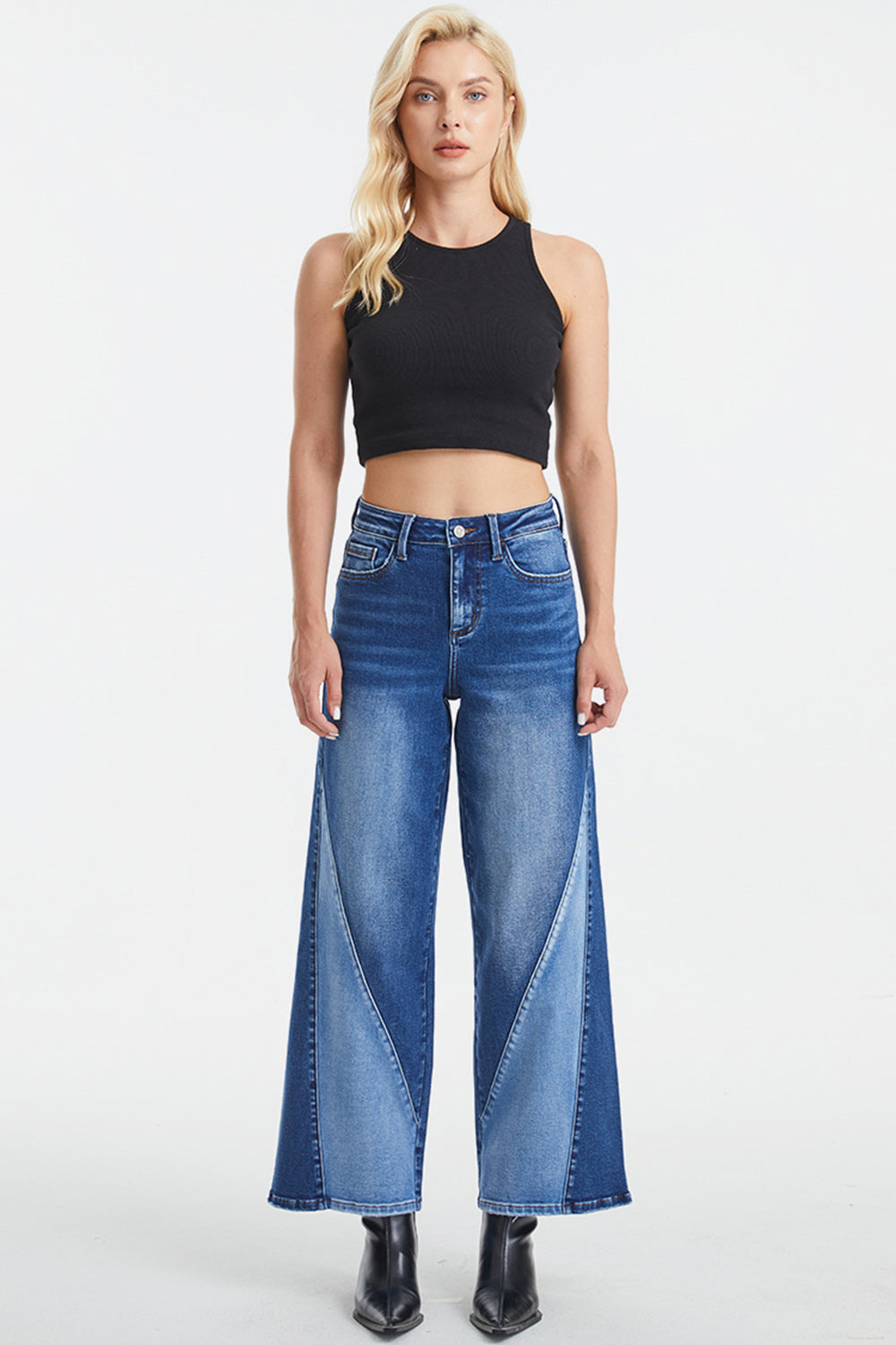 BAYEAS Full Size High Waist Two-Tones Patched Wide Leg Jeans - The Goddess Galleries