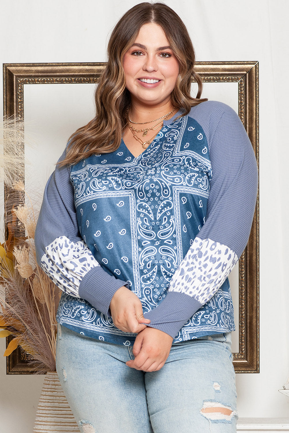 Plus Size V-Neck Printed Raglan Sleeve Blouse - The Goddess Galleries