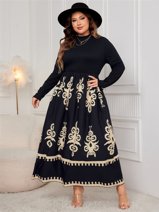 Honey Plus Size Printed Mock Neck Long Sleeve Dress - The Goddess Galleries
