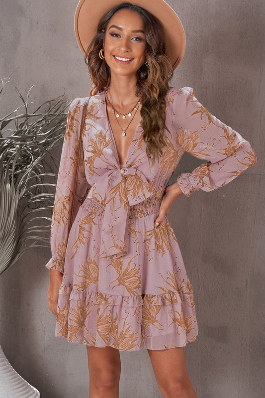 Floral Deep V Flounce Sleeve Mini Dress - The Goddess Galleries