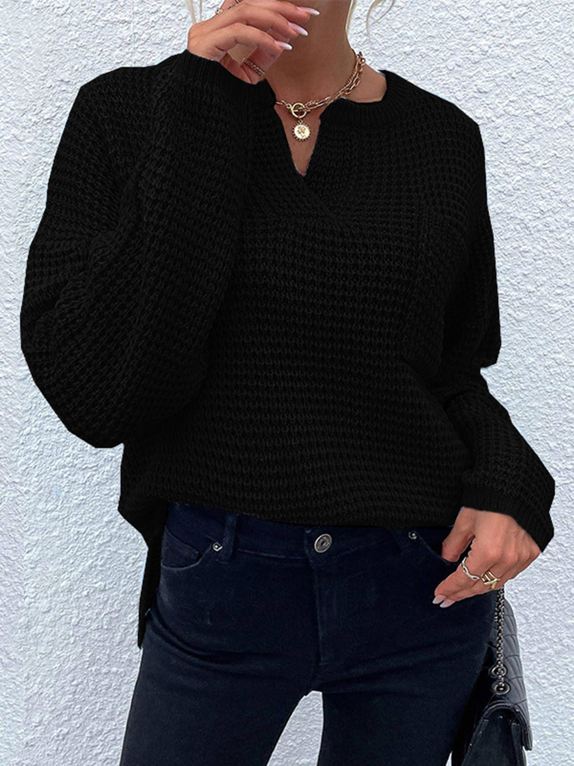 Notched Long Sleeve Sweater - The Goddess Galleries