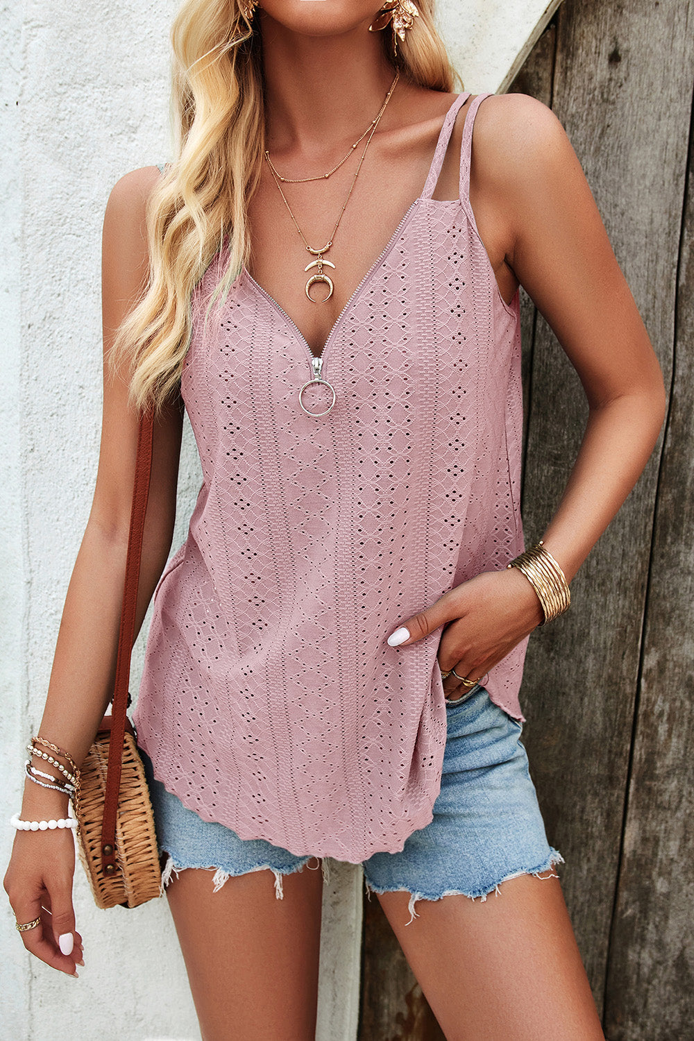 Devine Eyelet V-Neck Double Strap Cami - The Goddess Galleries