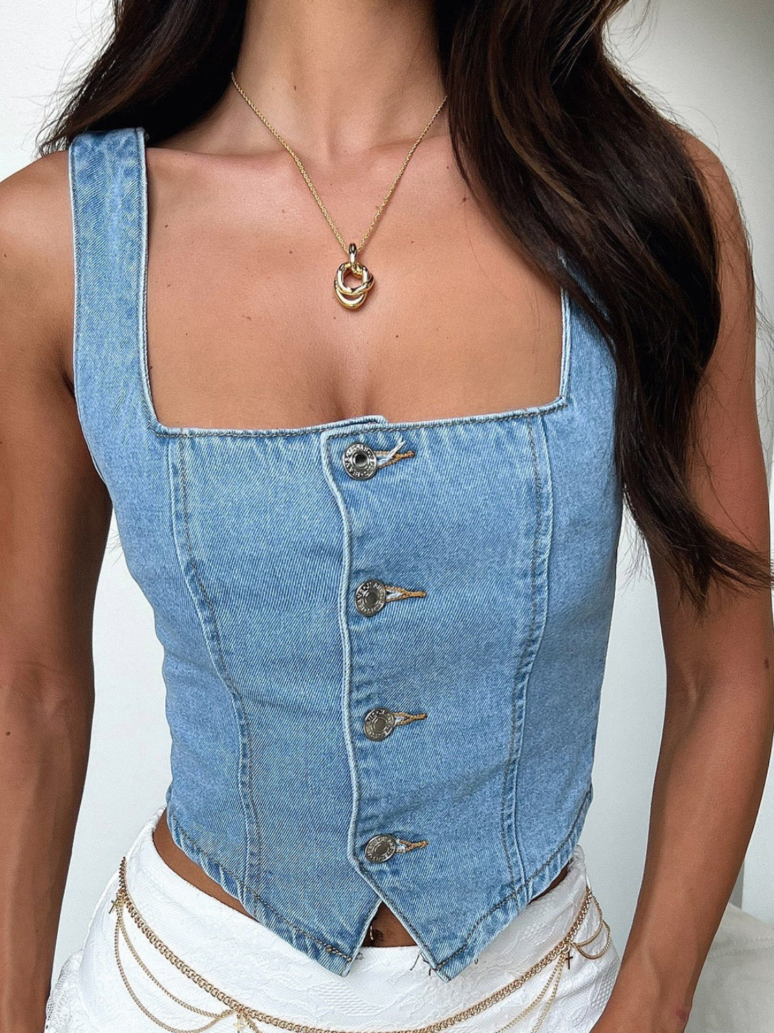 Smocked Square Neck Denim Top - The Goddess Galleries