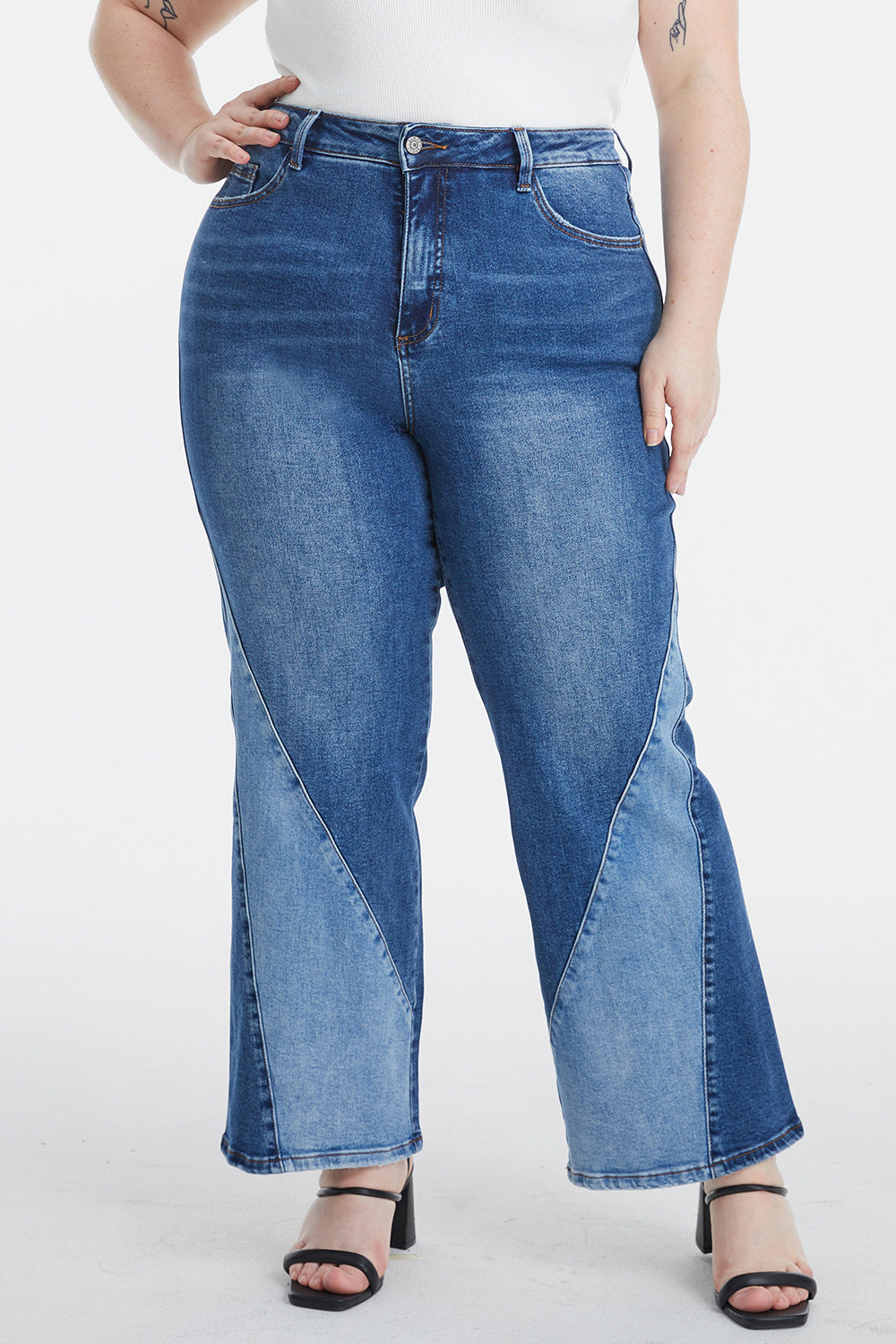 BAYEAS Full Size High Waist Two-Tones Patched Wide Leg Jeans - The Goddess Galleries