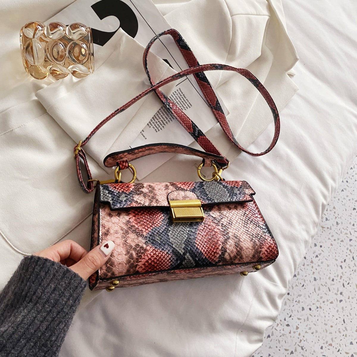PU Leather Snakeskin Print Crossbody Bag - The Goddess Galleries