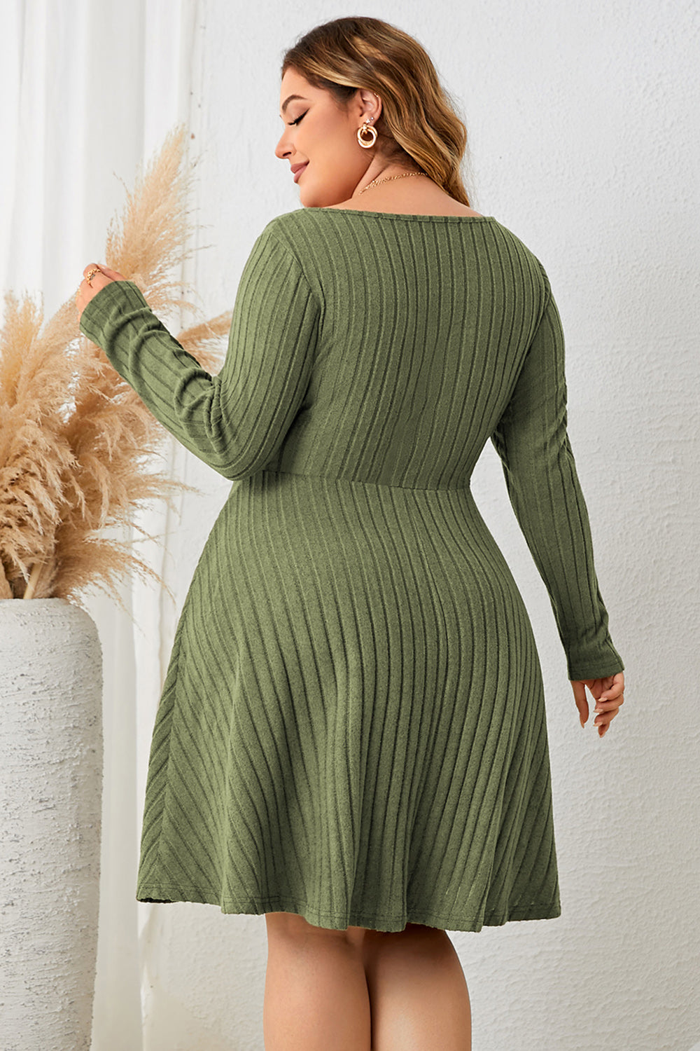 Honey Plus Size Sweetheart Neck Long Sleeve Ribbed Dress - The Goddess Galleries