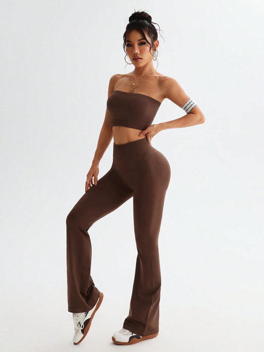 Tube Top and High Waist Flare Pants Active Set - The Goddess Galleries