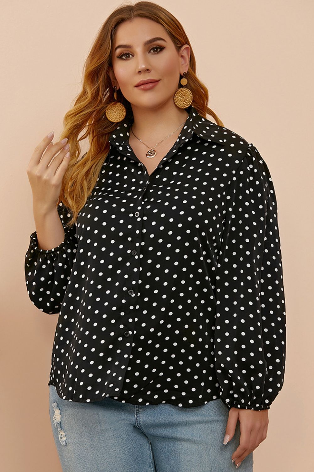 Plus Size Polka Dot Balloon Sleeve Shirt - The Goddess Galleries