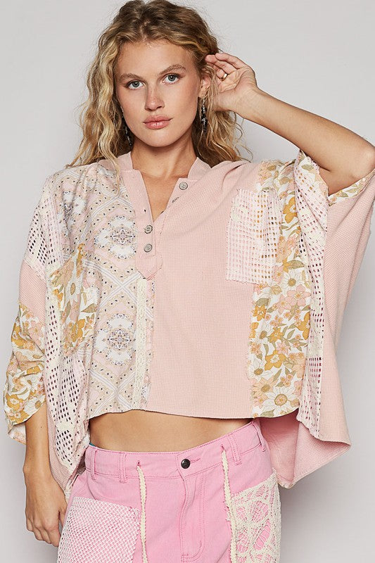 POL Crochet Patch Lace Detail Button Detail Floral Hooded Top - The Goddess Galleries