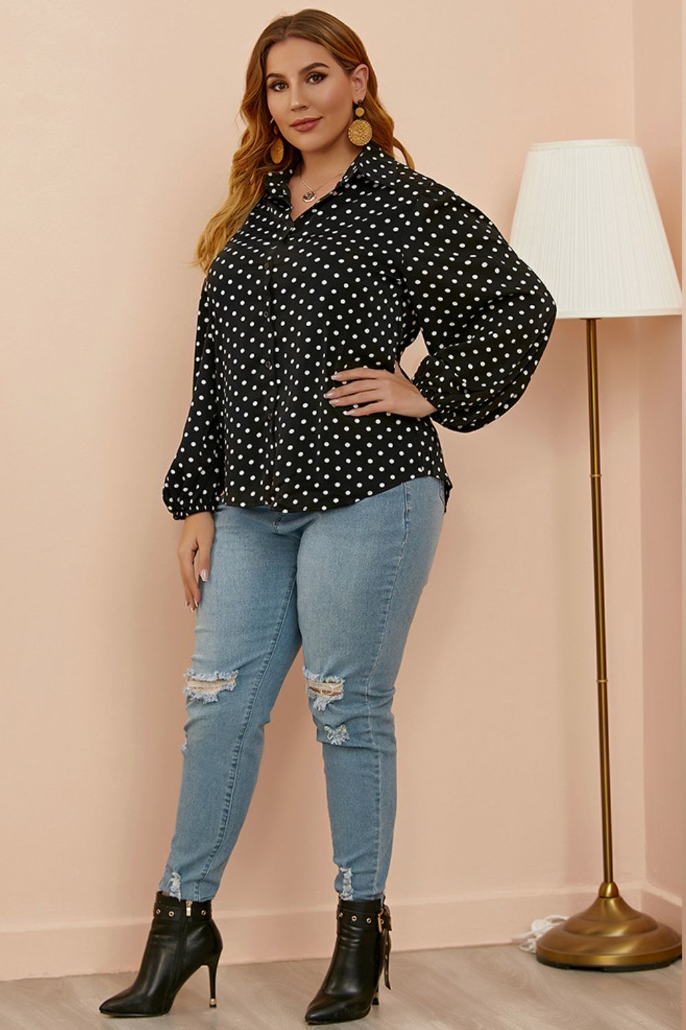 Plus Size Polka Dot Balloon Sleeve Shirt - The Goddess Galleries
