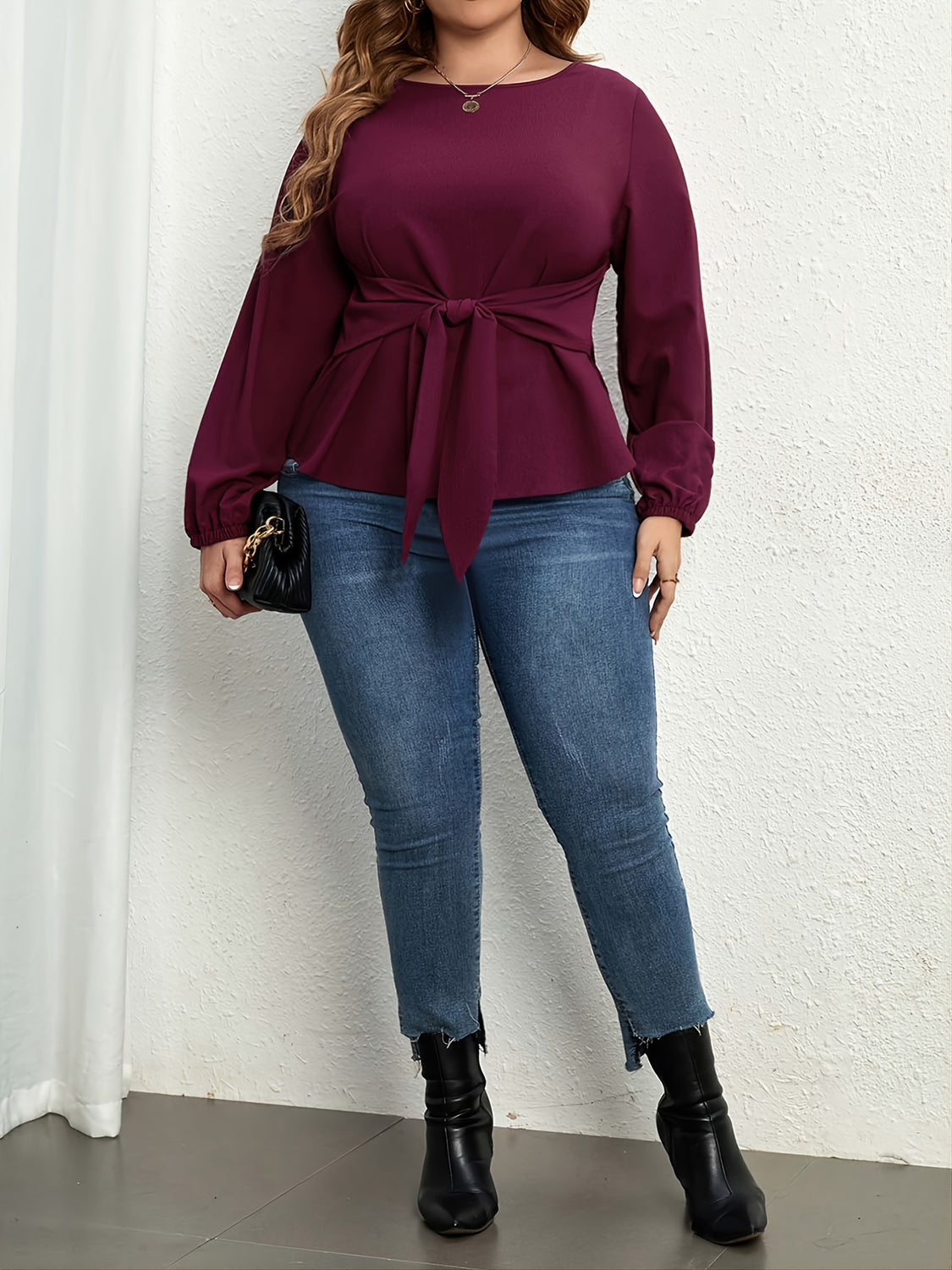 Plus Size Tie Front Long Sleeve Blouse - The Goddess Galleries