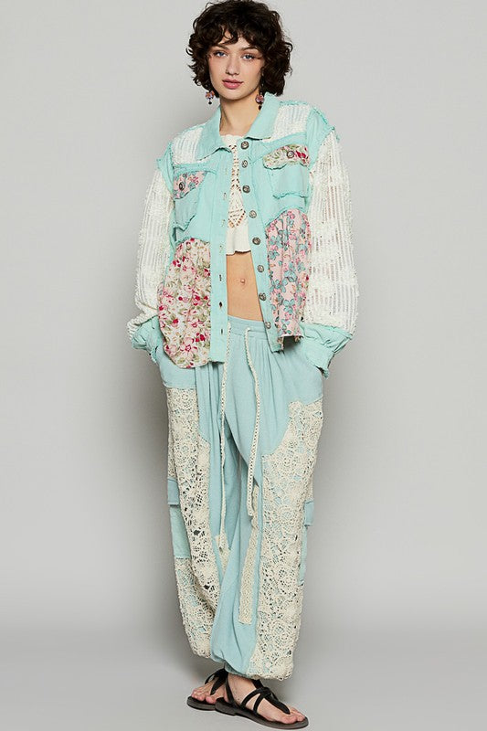 POL Floral Crochet Lace Frayed Edge Button Up Shacket - The Goddess Galleries