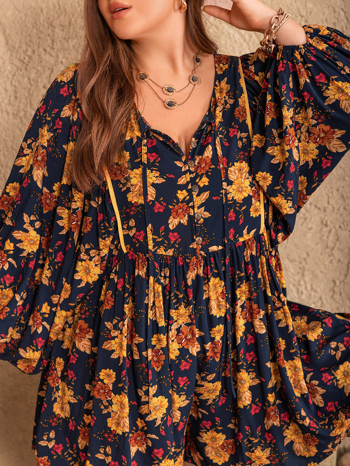 Plus Size Floral Tie Neck Balloon Sleeve Romper - The Goddess Galleries